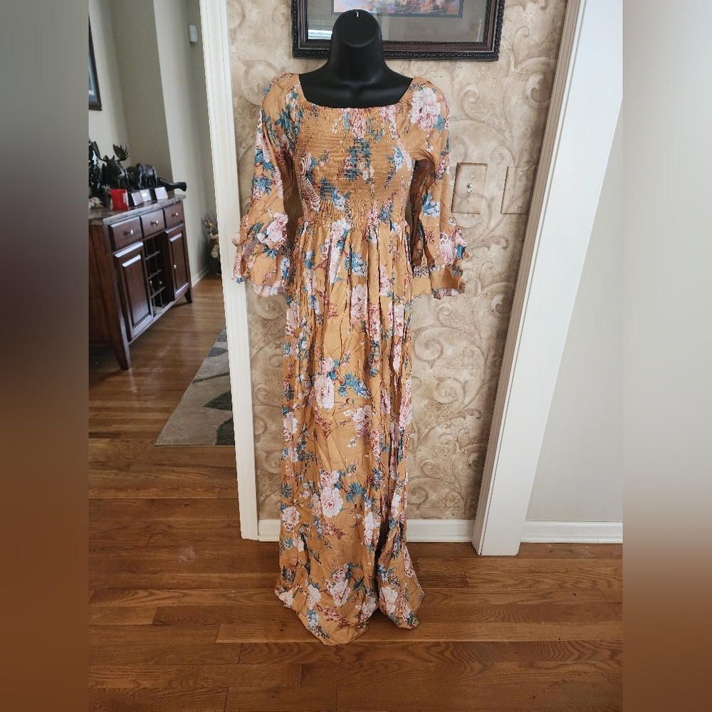 Cotton Smocked Maxi Dress Modest Jalabiya Boho Cottagecore Long Sleeve - Picture 2 of 5